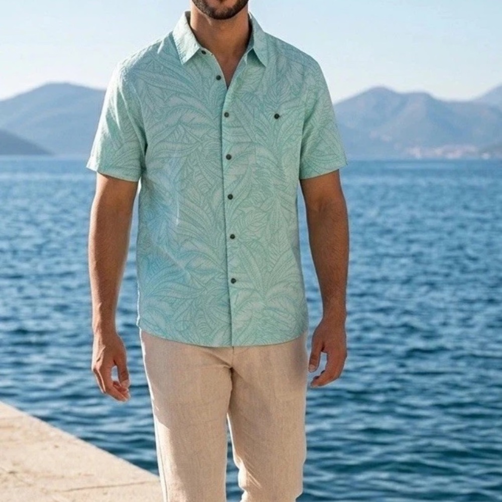 Havana Jim Camp Shirt Men’s Size Medium Aqua Aloha Luau Tropical Floral Hawaiian